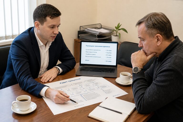 Стол с картой процессов и ноутбуком: аудит рутины перед внедрением ИИ