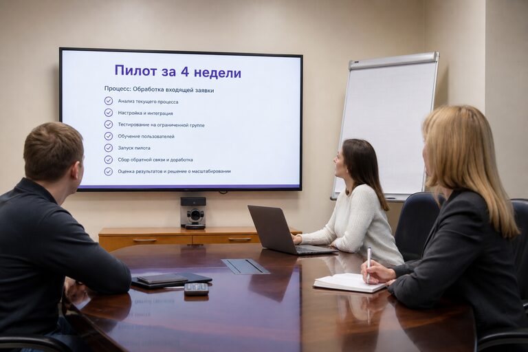 Совещание: на экране пилот за четыре недели и чек-лист одного процесса