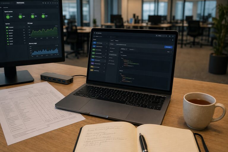 Рабочий стол разработчика: ноутбук с документацией API и второй экран с мониторингом серверов