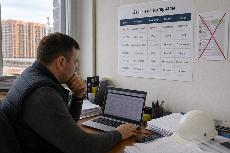 Ноутбук со списком заявок на материалы и перечёркнутой распечаткой чатов
