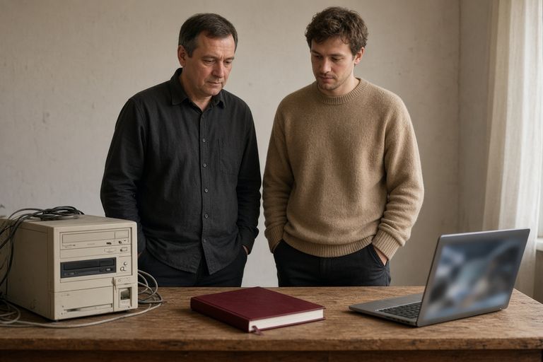 Директор и разработчик смотрят, как заменить устаревшую самописную систему: старый блок и новый ноутбук